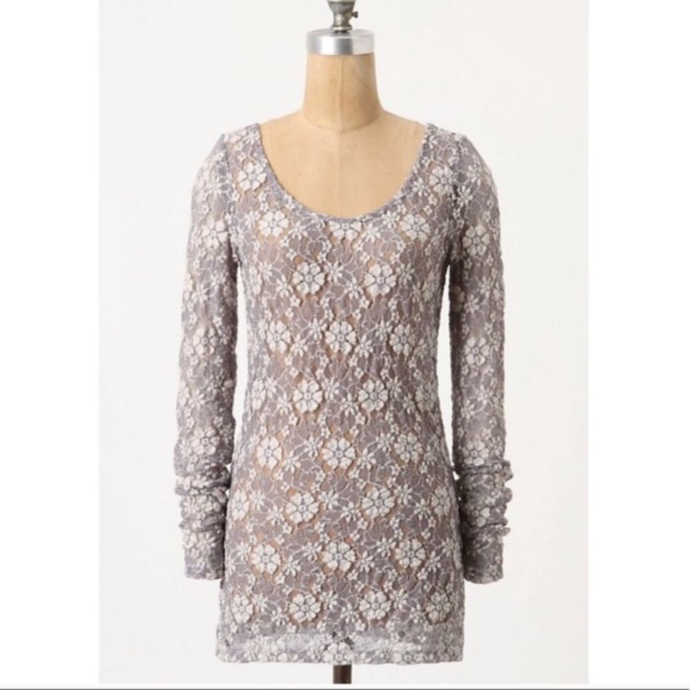 ANTHROPOLOGIE Spun Splendor Top Long-Sleeve Floral Brown Cream Lace Tee
